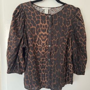 H&M Brown Animal Print Puff Sleeve Blouse